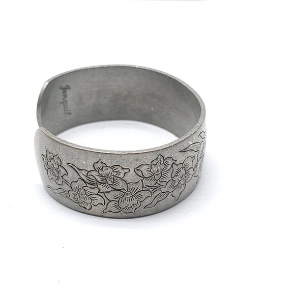 Handcrafted Pewter Floral Engraved Cuff Bracelet By Kirk Jonquil March Vintage - Picture 2 of 7